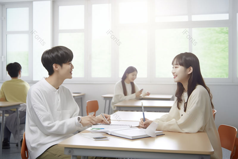 清晨在教室里大学生互相面带微笑学习讨论,高清,摄影图,摄影图片,图片大全,摄影图免费下载